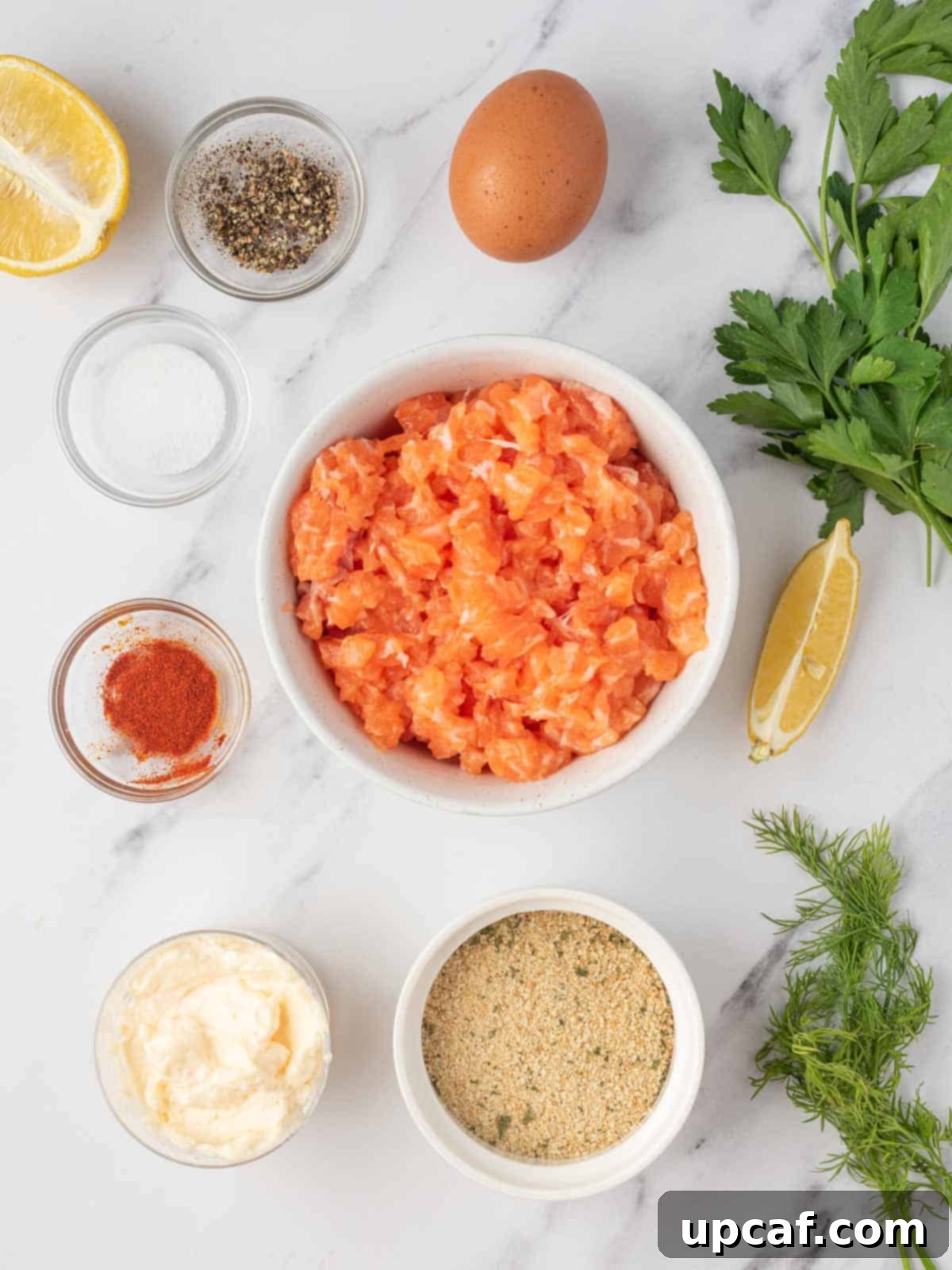 Ingredients needed for fresh salmon patties.