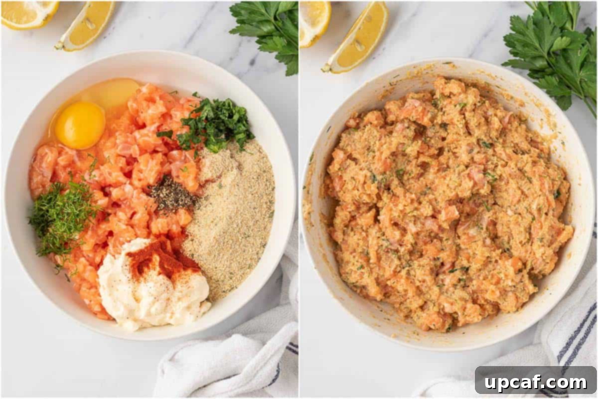 Process of making the fresh salmon patties filling.
