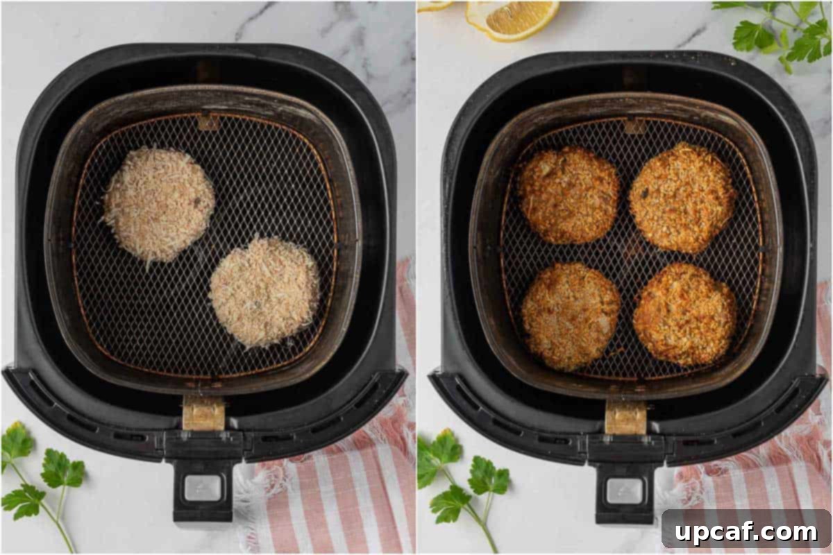 A comparison photo showing tuna patties before being air-fried (on the left) and after being cooked to a golden crisp in an air fryer (on the right).