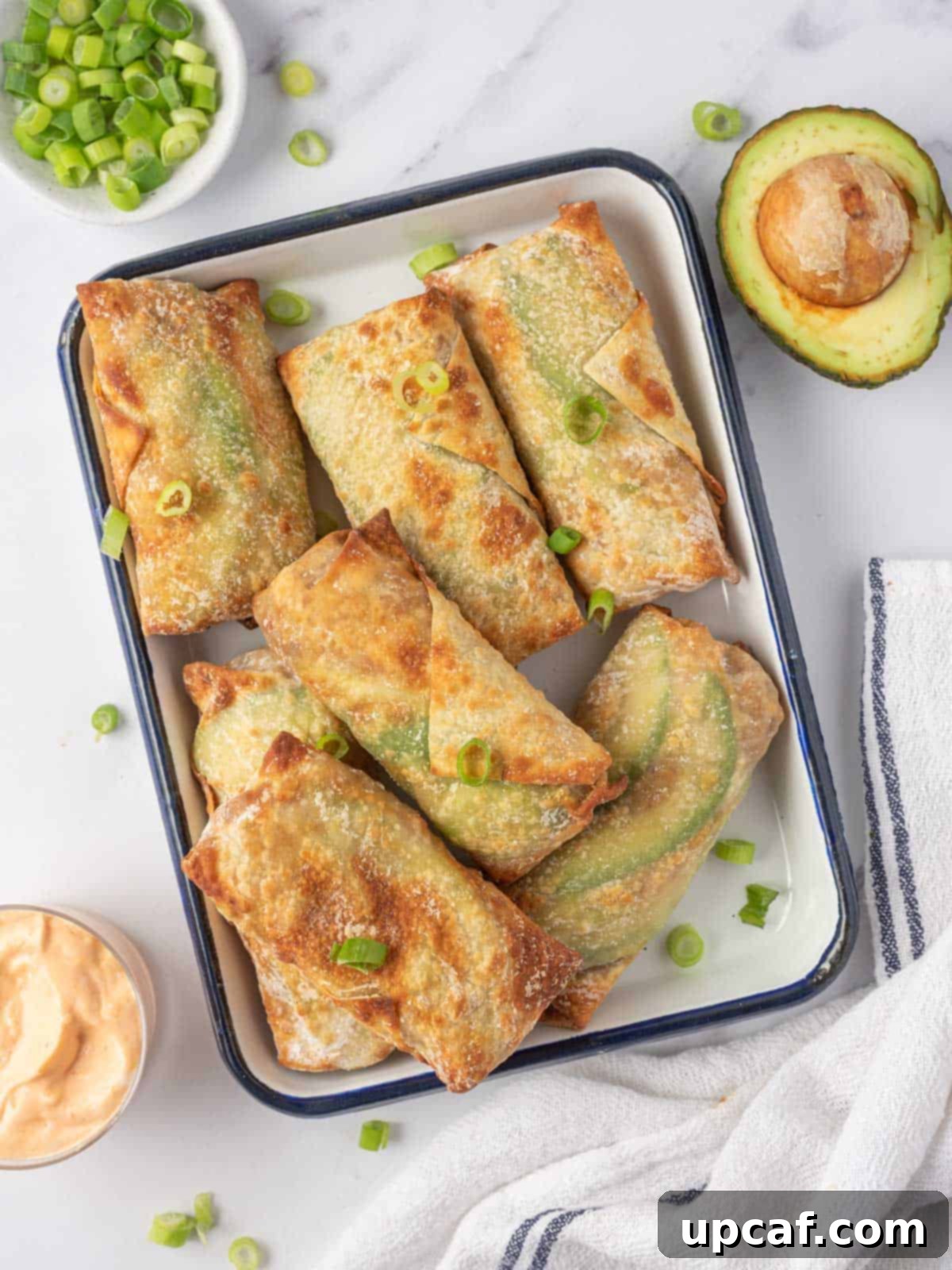 A tray of salmon egg rolls garnished with green onions.