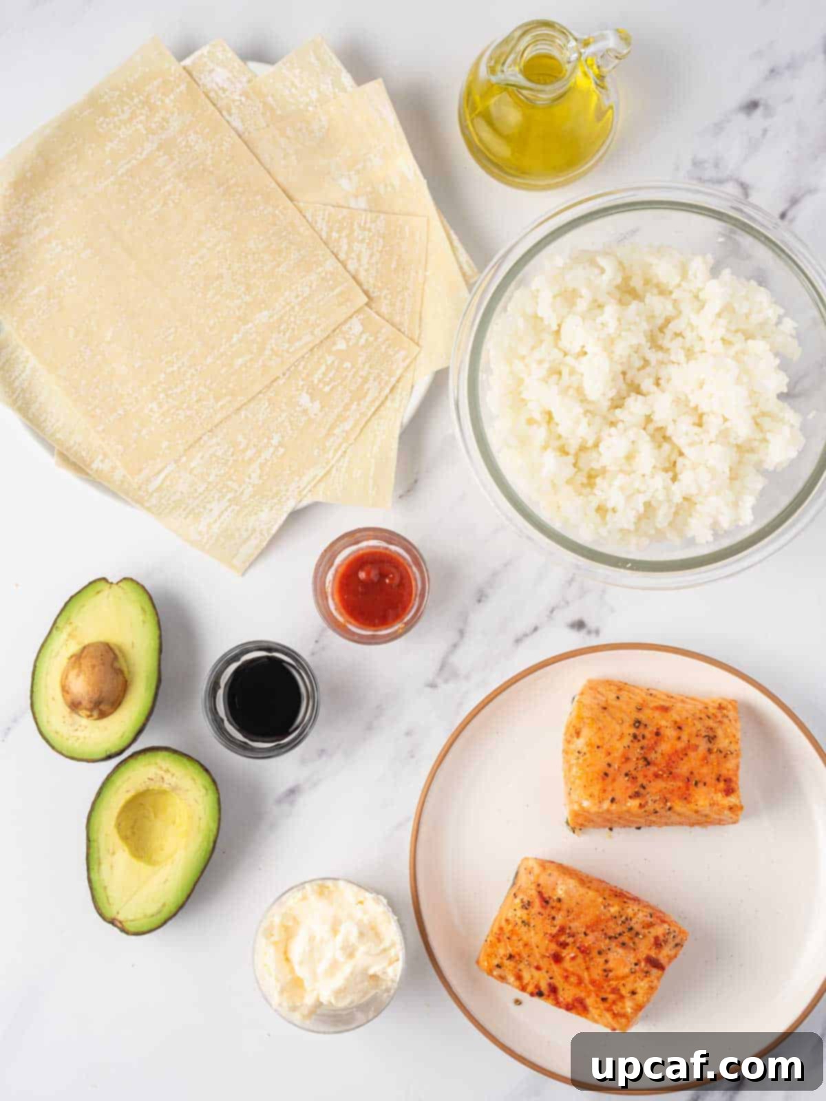 Ingredients needed for salmon egg rolls.