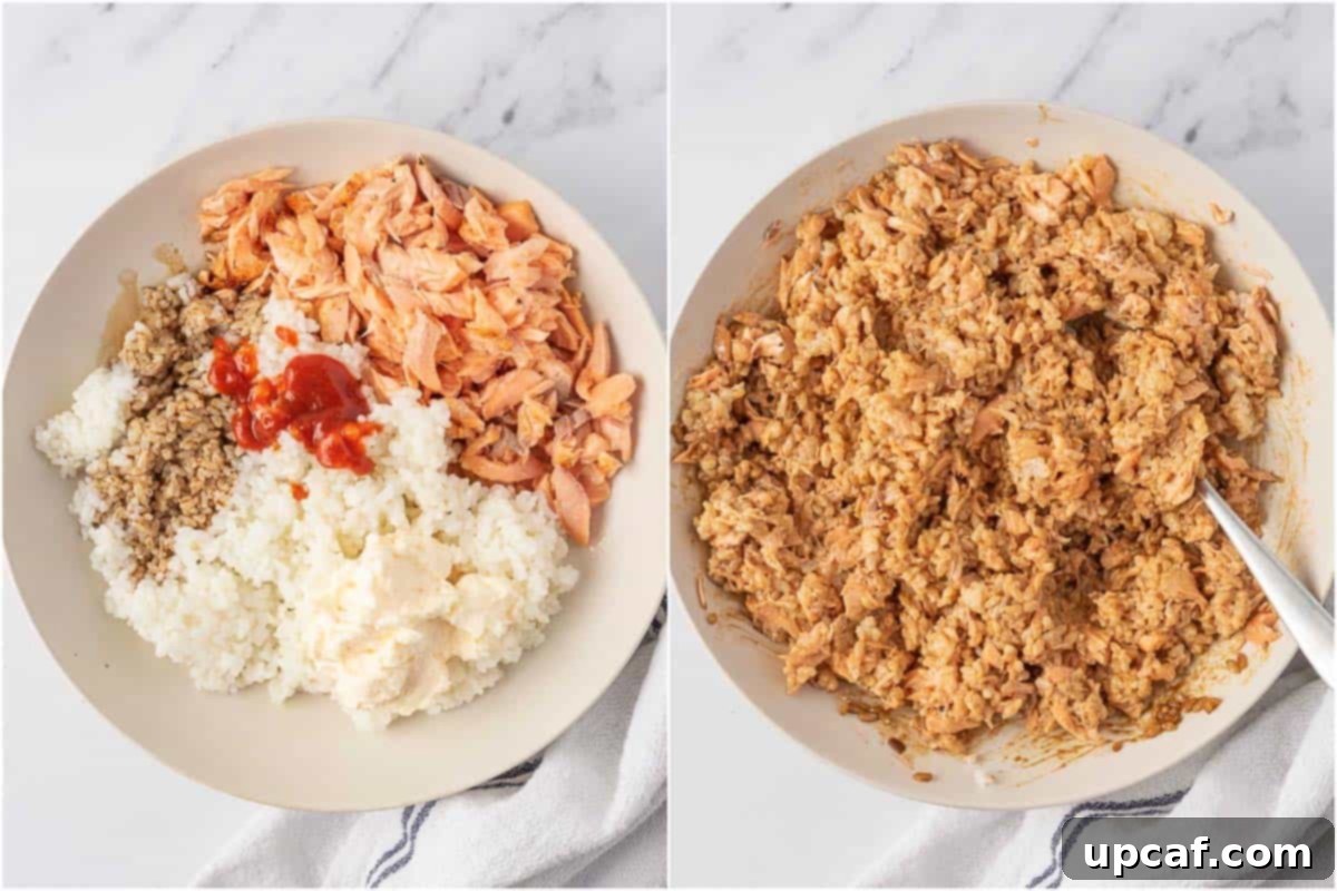 How to make the filling for spicy salmon and rice egg rolls.