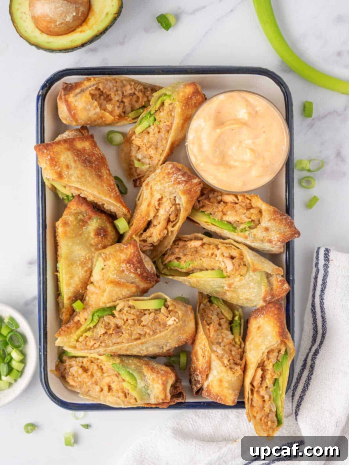 Spicy Salmon and Rice Egg Rolls cut in half and served on a tray with dipping sauce.