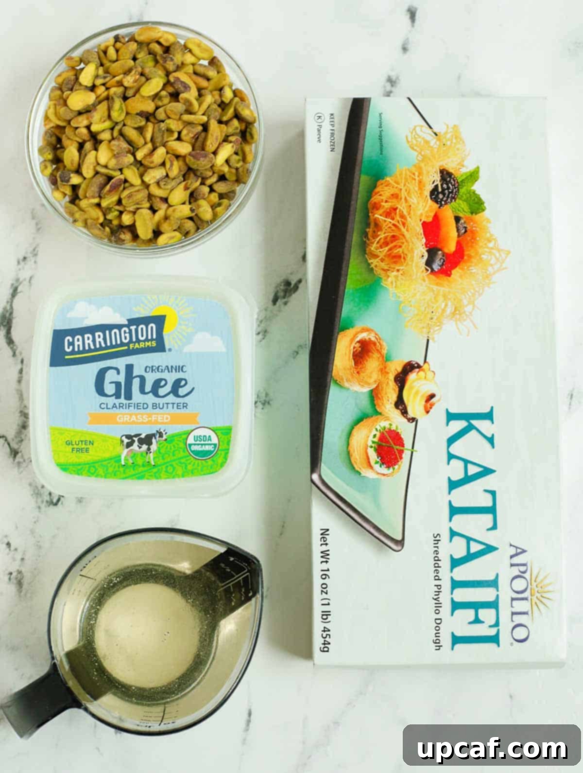 Jeweled Pistachio Nests 3 ingredients of bird nest baklava, including kataifi, ghee, pistachios, and syrup