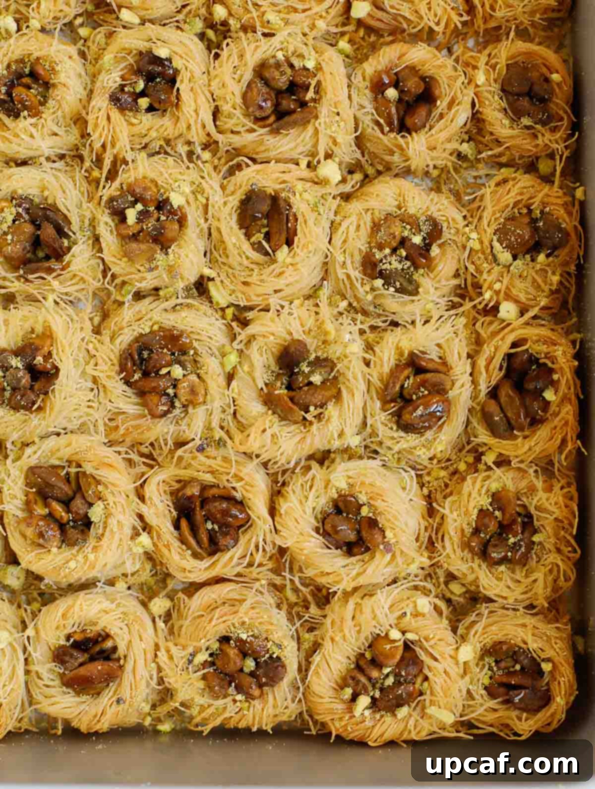 Jeweled Pistachio Nests 8 baklava bird nest after baking, ready to be served on a platter