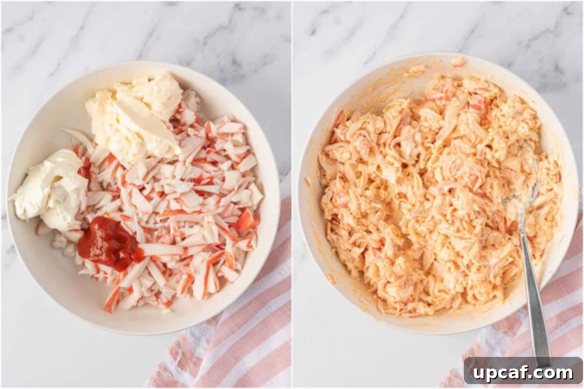 Mixing imitation crab with cream cheese, mayonnaise, and sriracha for sushi bake.