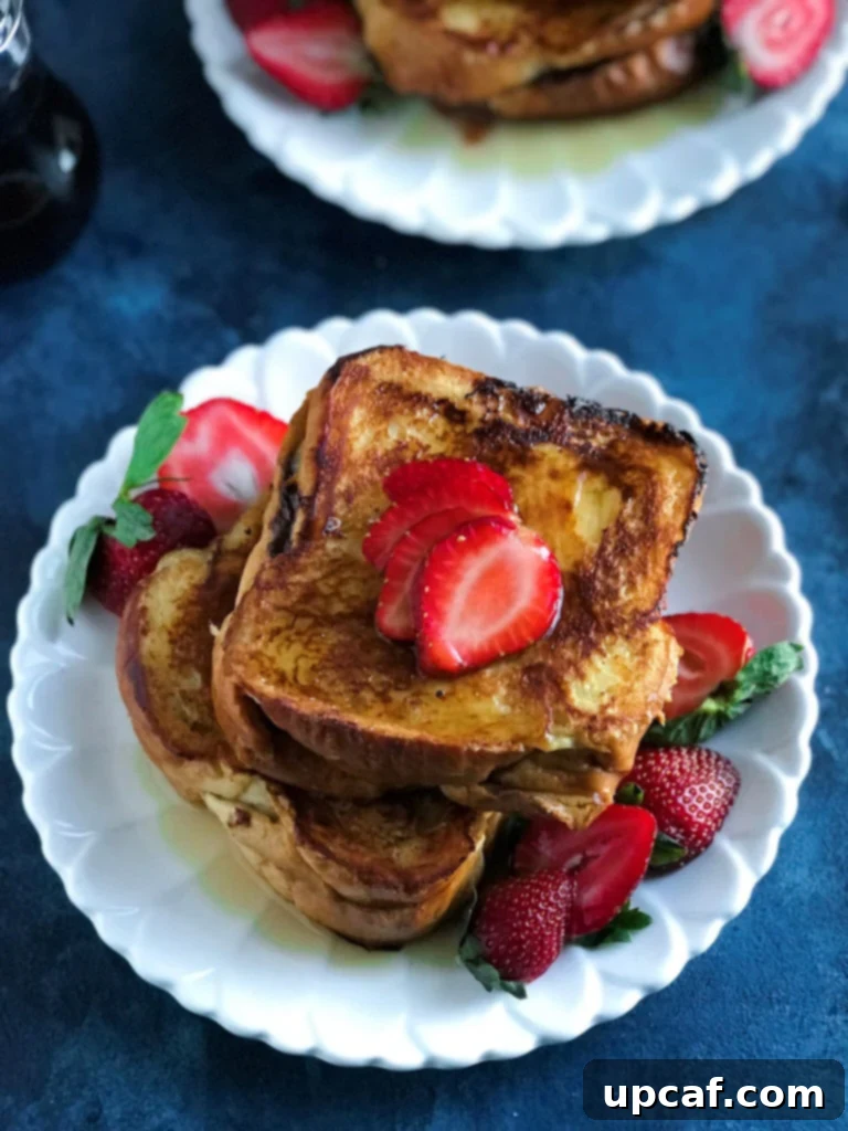 Decadent Strawberry Nutella French Toast 4 A stack of golden brown Strawberry Nutella French Toast on a plate, garnished with fresh strawberries.