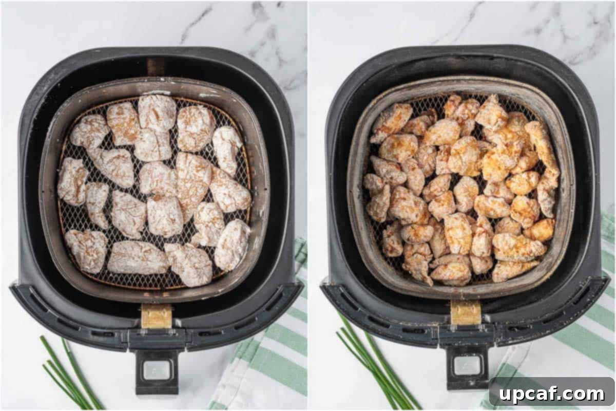 Crispy Air-Fried Orange Chicken 5 A side-by-side comparison illustrating chicken pieces before and after being air-fried, showcasing the transformation to a golden-brown, crispy texture.