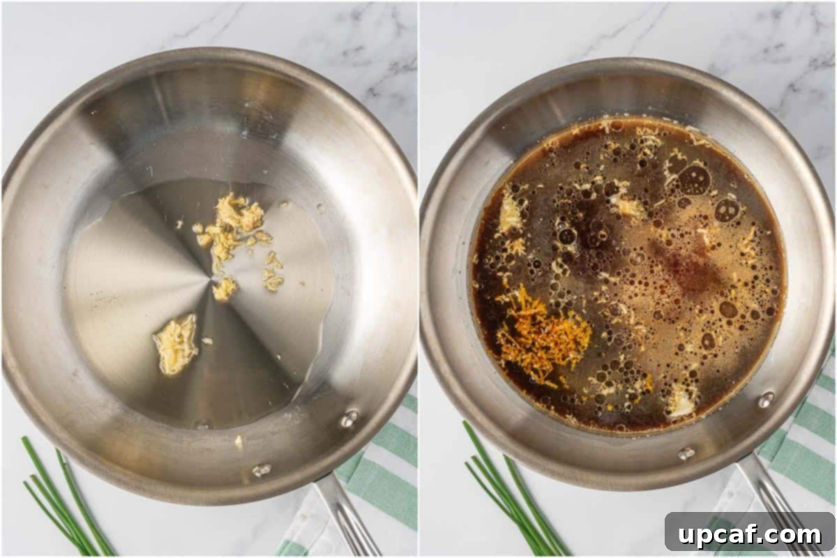 Crispy Air-Fried Orange Chicken 6 A skillet on the stovetop showing minced garlic and ginger being sautéed, followed by the addition of orange zest and juice, beginning the easy orange chicken sauce preparation.