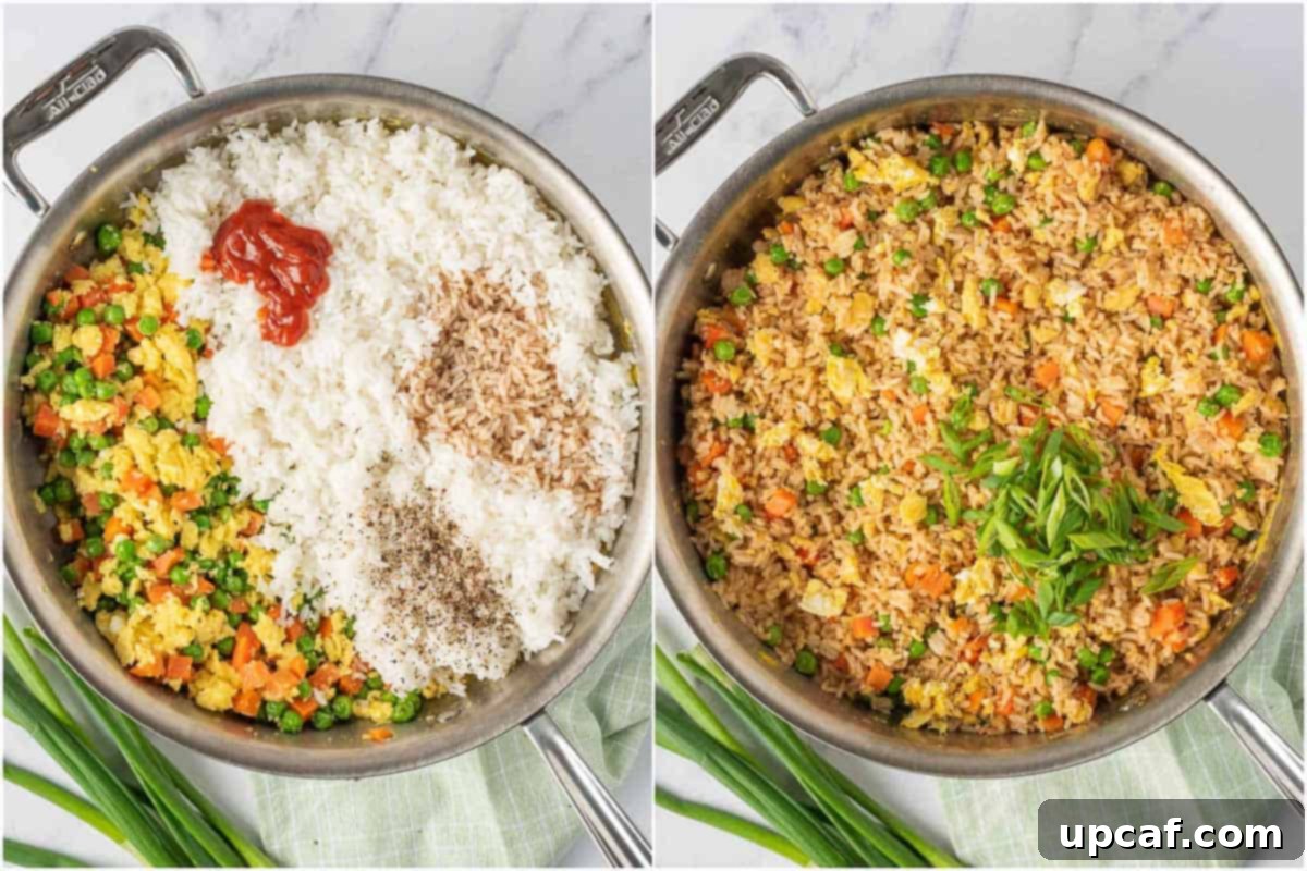 The process of mixing cooked rice with scrambled eggs and vegetables for vegetarian egg fried rice.