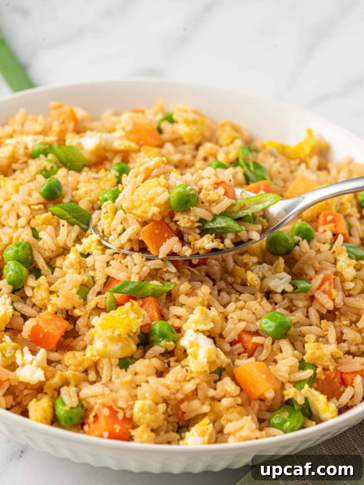 A spoonful of Chinese vegetarian fried rice lifted over a bowl, showcasing its fluffy texture and vibrant ingredients.