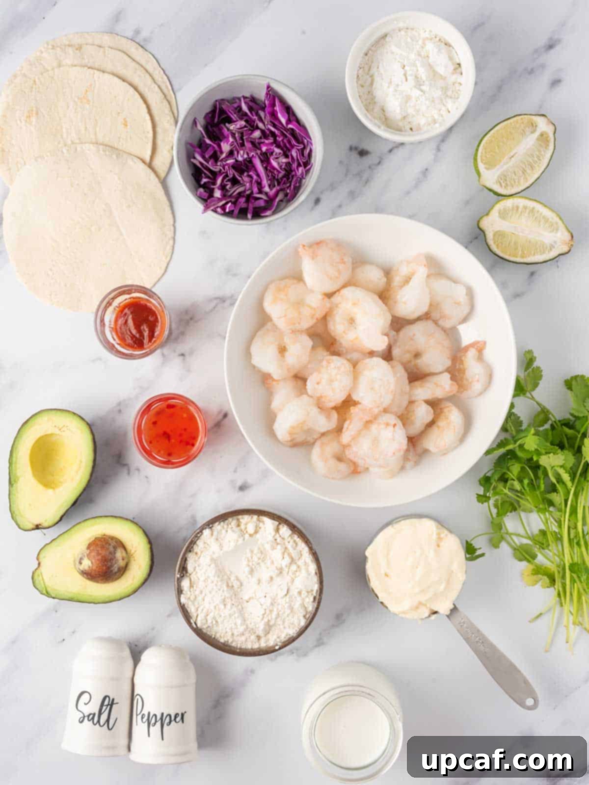 A flat lay of all the ingredients required to make the best dynamite shrimp tacos from scratch.