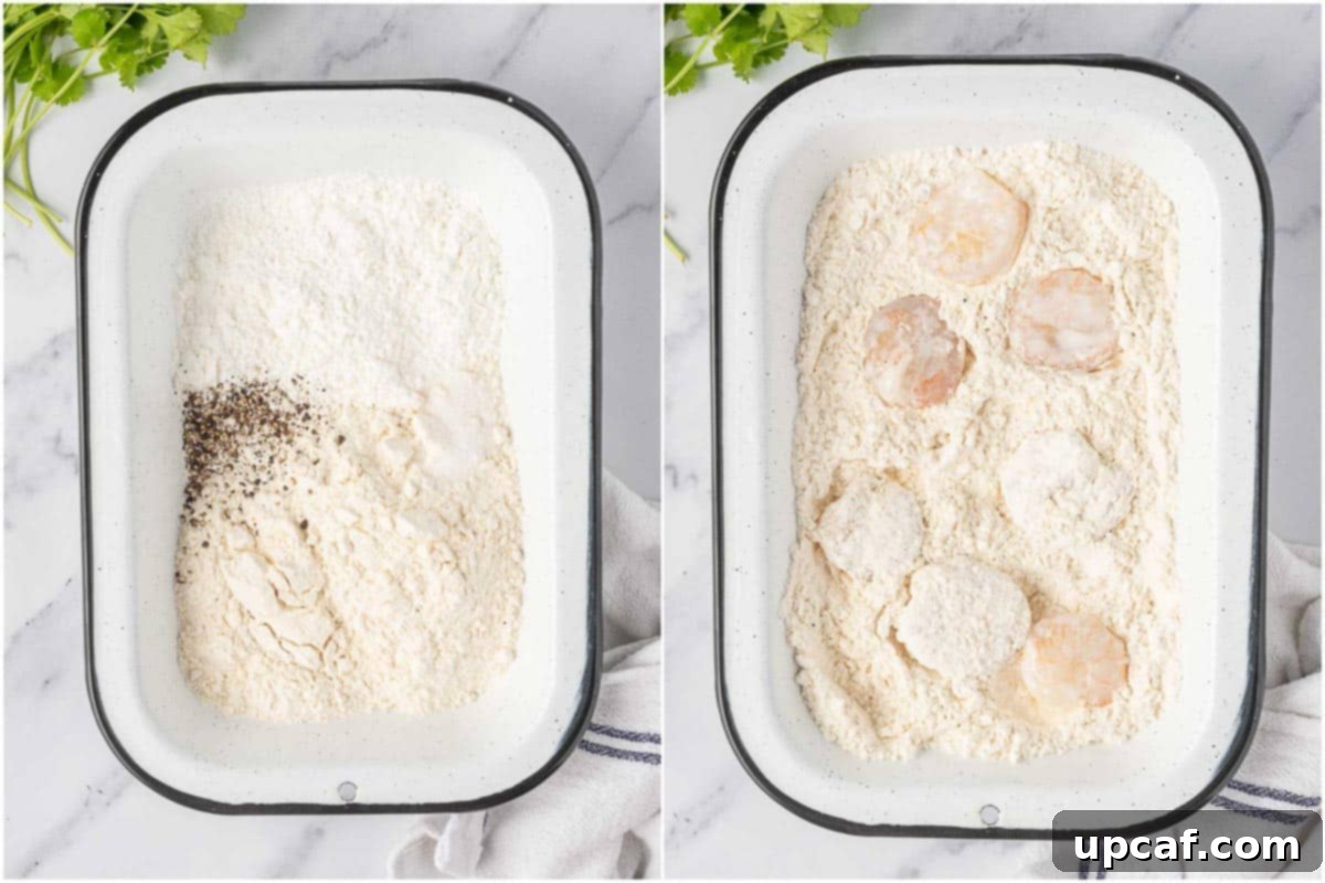 Close-up image showing how to dredge shrimp in flour mixture before frying for spicy tacos.