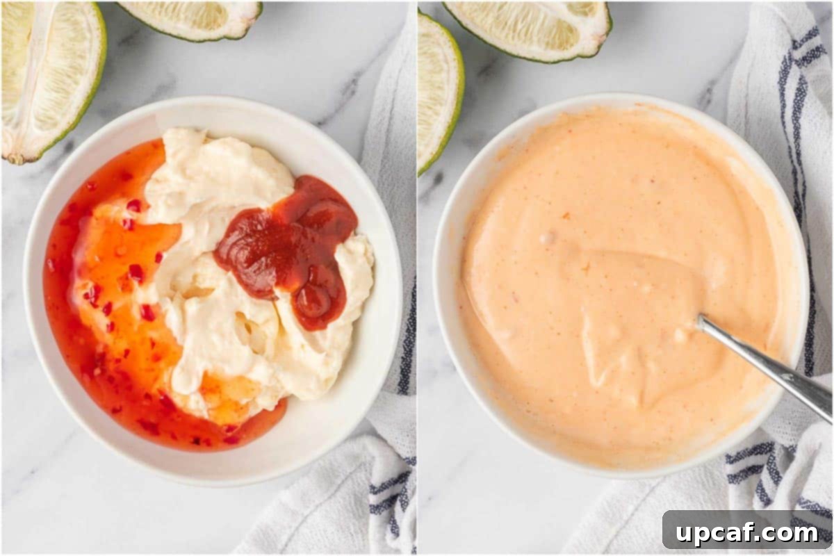 Ingredients for dynamite shrimp bang bang sauce being mixed in a bowl.