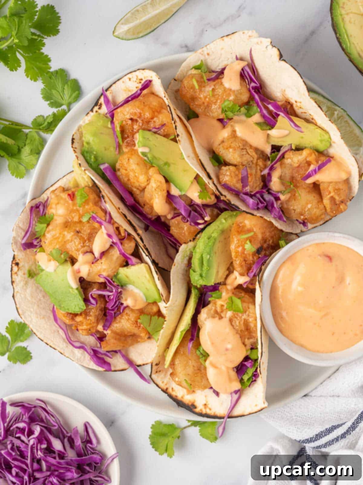 A beautifully arranged plate of spicy shrimp tacos with dynamite sauce and colorful toppings.