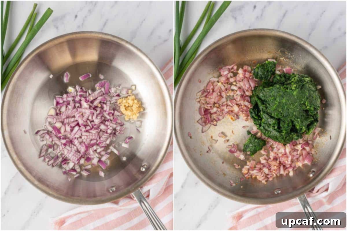 Quick & Easy Spanakopita Bites 4 A close-up view of the rich, green spinach and feta filling being prepared in a skillet, showcasing the vibrant ingredients.