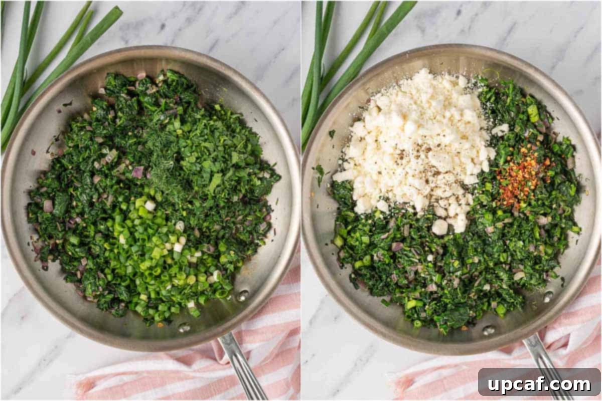 Quick & Easy Spanakopita Bites 5 The spanakopita filling, a delightful mixture of spinach, feta, herbs, and aromatics, cooling in a skillet after being cooked.