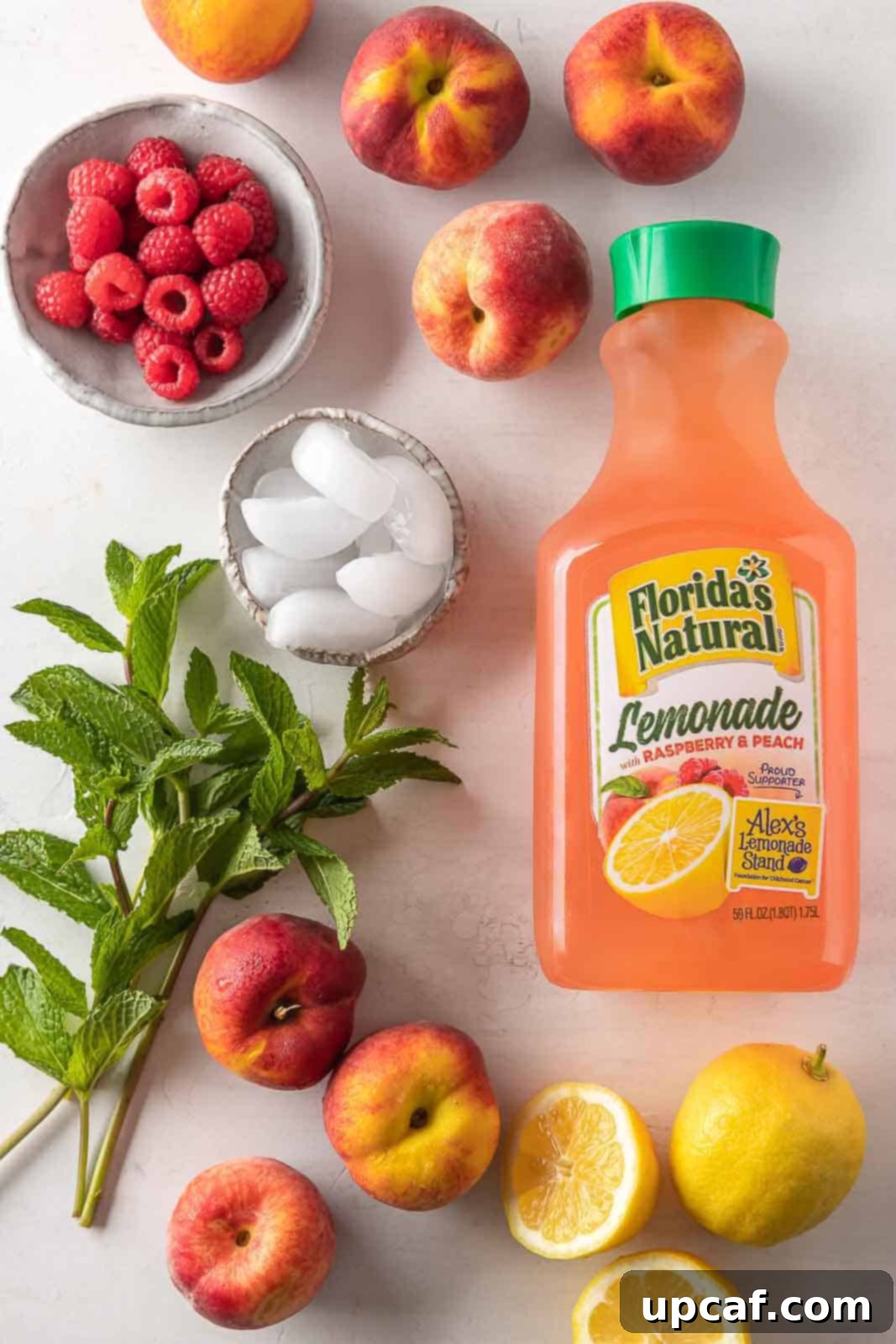 Raspberry Peach Sunburst Quencher 3 Fresh ingredients for raspberry peach lemonade: Florida's Natural lemonade, raspberries, and peaches.