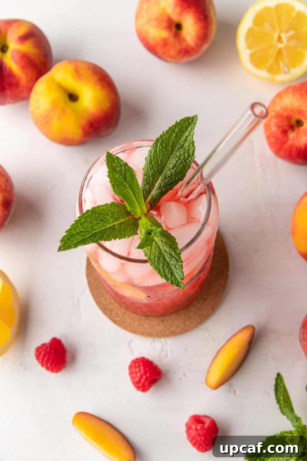 Raspberry Peach Sunburst Quencher 8 An overhead shot of a garnished Raspberry Peach Lemonade Cooler, showcasing the fresh fruit and mint.