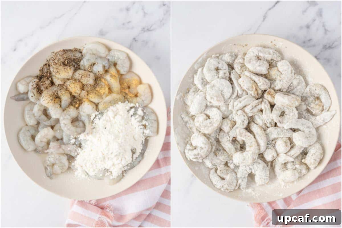 Blazing Burst Shrimp 4 Seasoning and coating shrimp with cornstarch and spices before frying.