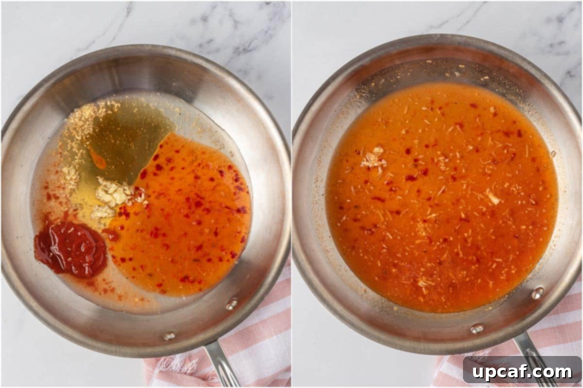 Blazing Burst Shrimp 6 The process of preparing the firecracker shrimp sauce in a skillet, combining all ingredients.