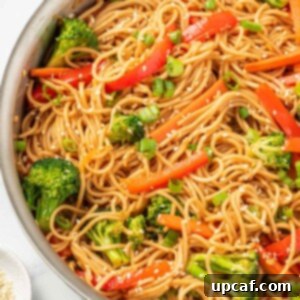 Plant-Based Lo Mein 11 Vegetarian Lo Mein Noodles in a skillet.