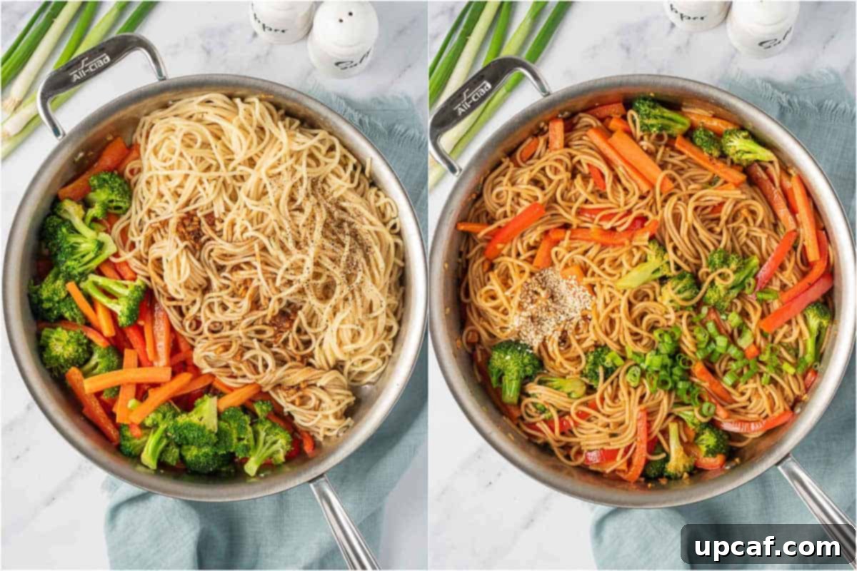 Plant-Based Lo Mein 7 Tossing and garnishing the veggie lo mein recipe in a skillet.