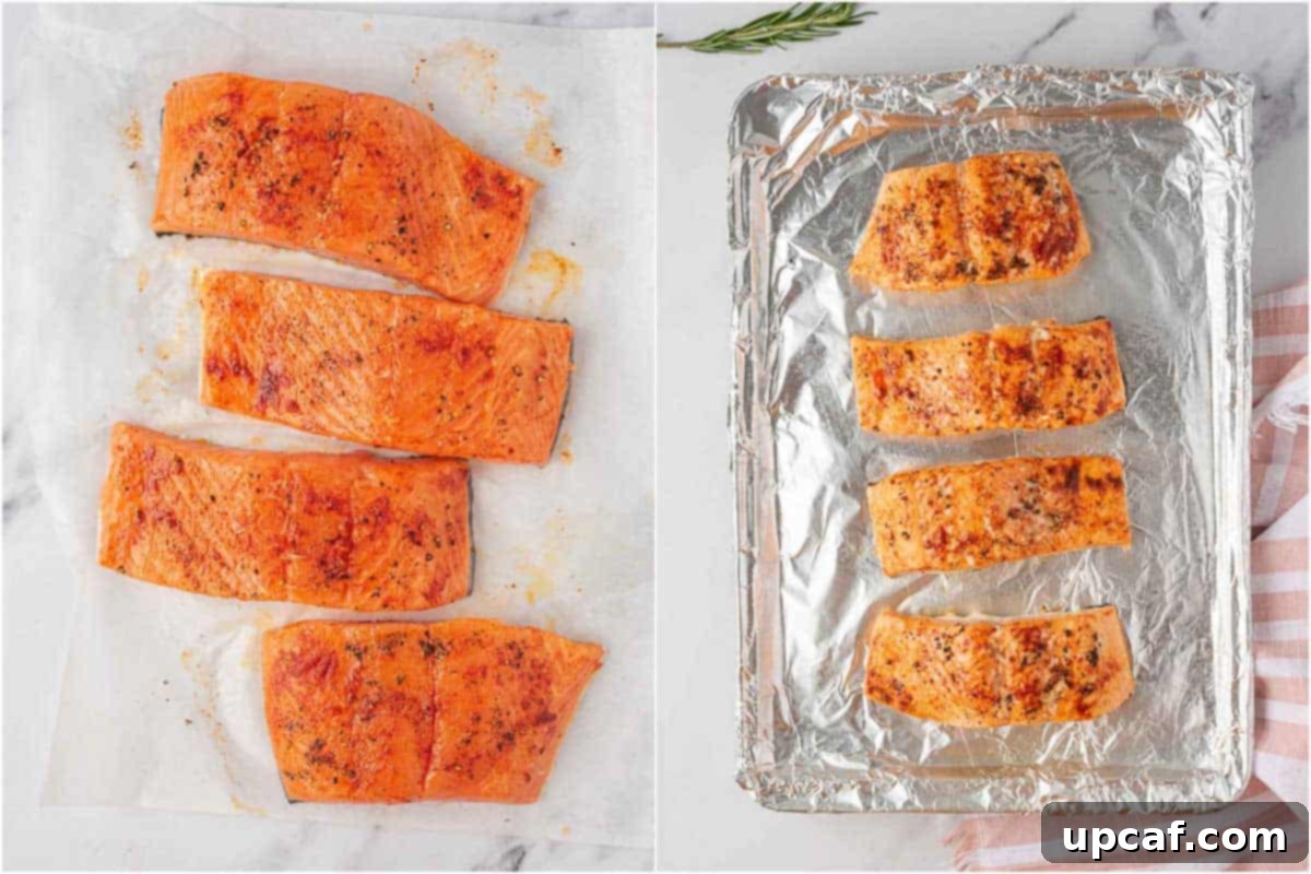 Caramelized Maple Pecan Salmon 4 Salmon fillets seasoned and ready for baking with maple glaze.