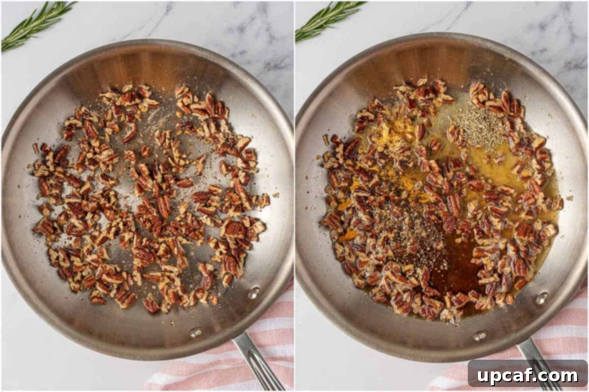 Caramelized Maple Pecan Salmon 5 Preparation of the maple pecan glaze in a hot skillet.