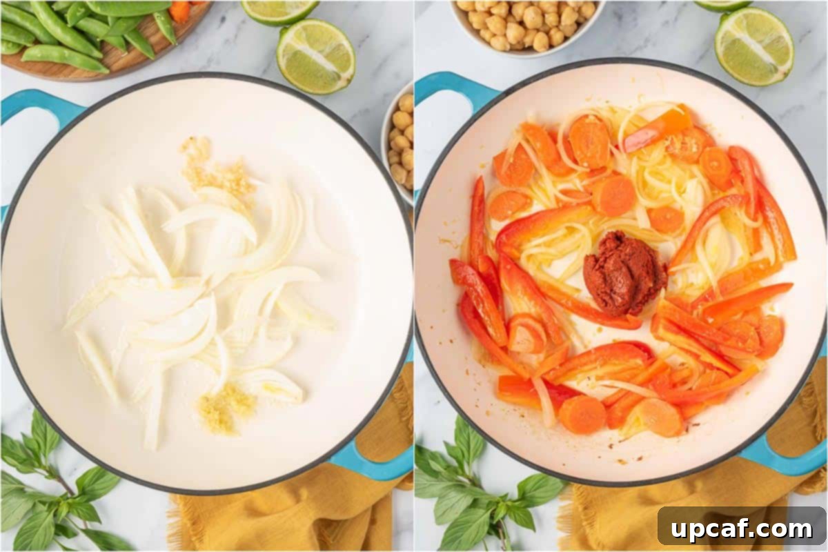 Vibrant Red Thai Plant-Based Curry 4 Minced garlic, grated ginger, and sliced yellow onion being sautéed in coconut oil in a large skillet, releasing their fragrant aromas as the first crucial step for building the flavor base of the red Thai vegan curry.