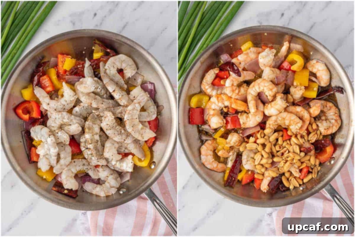 Shrimp, garlic, ginger, and red chilis cooking together in a skillet, capturing the essence of a spicy shrimp stir-fry.