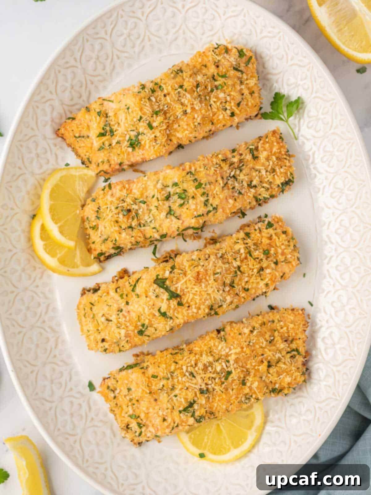 Parmesan crusted salmon recipe on a platter.