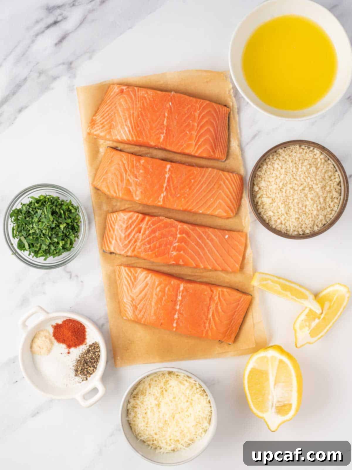 Ingredients needed for crispy baked salmon.