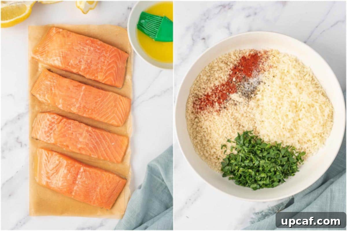 Preparing ingredients for crispy baked salmon with parmesan.