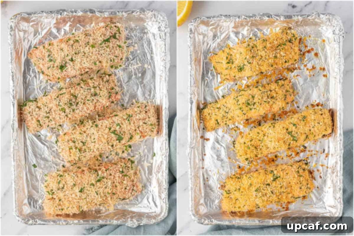 Process for baking parmesan crusted salmon fillets.