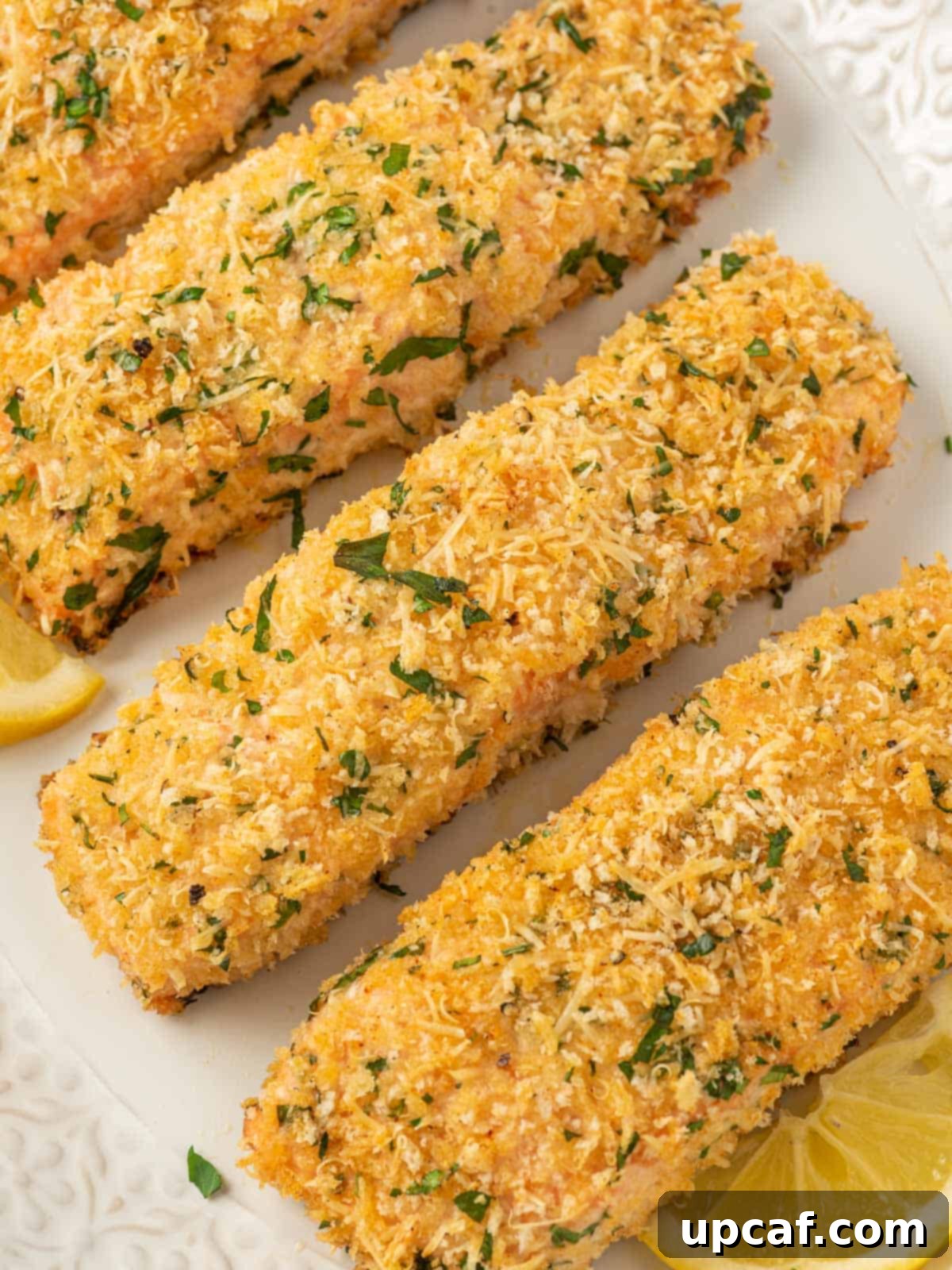 Close up of baked parmesan salmon.