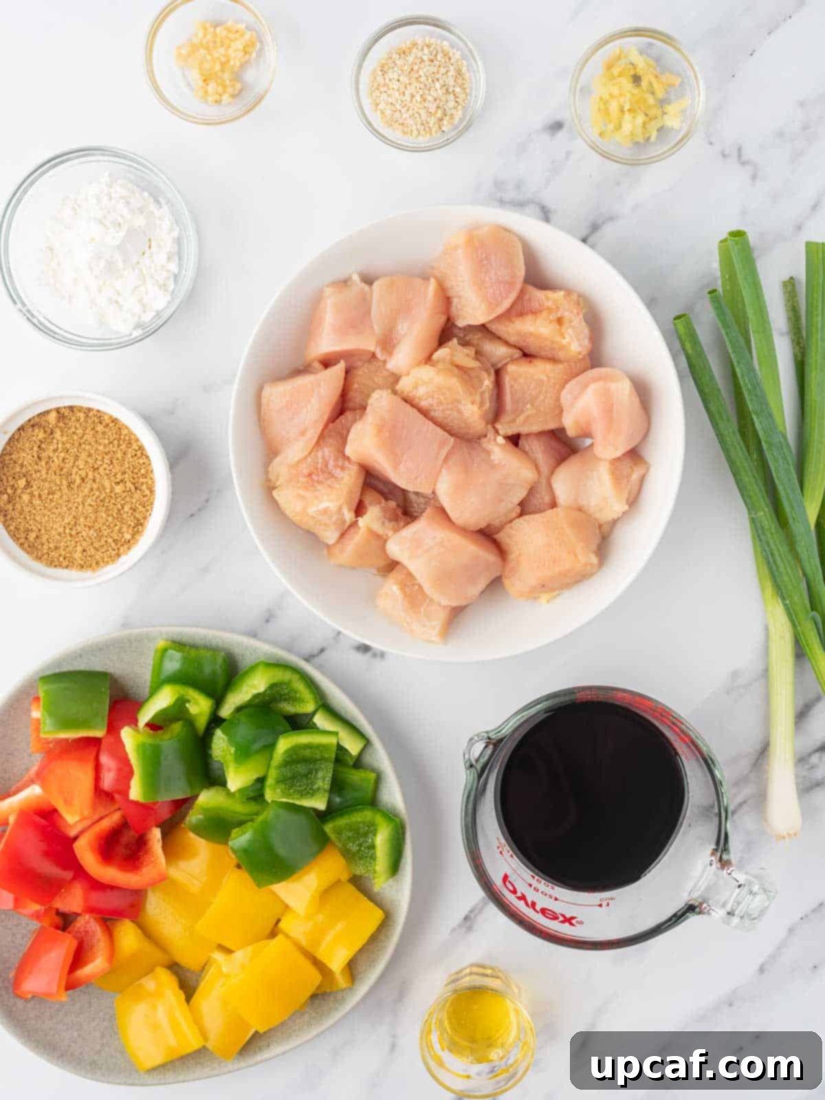 Sweet and Sticky Teriyaki Chicken Skewers 3 Ingredients laid out for homemade grilled chicken teriyaki skewers.