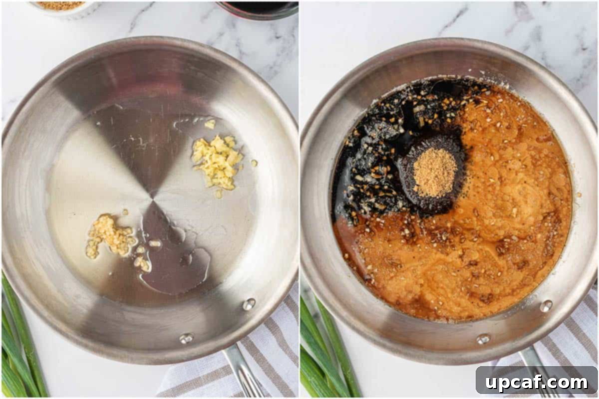 Sweet and Sticky Teriyaki Chicken Skewers 4 Preparing homemade teriyaki marinade in a skillet.