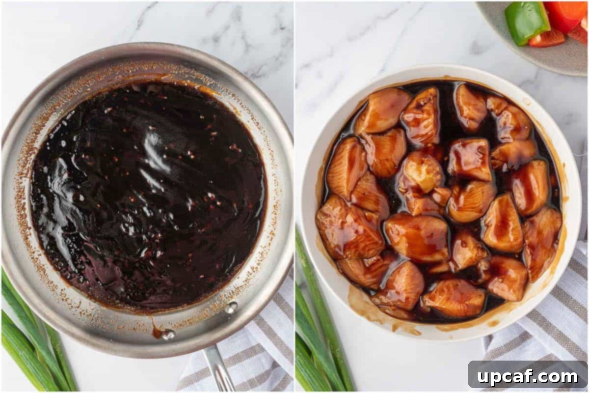 Sweet and Sticky Teriyaki Chicken Skewers 5 Chicken pieces marinating in teriyaki sauce in a bowl.