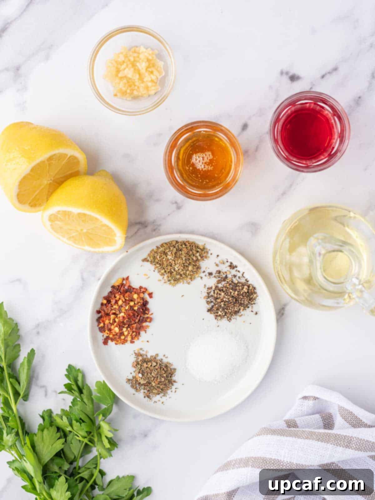 Mediterranean Grilled Chicken & Greens 3 Ingredients needed for lemon herb chicken salad marinade and dressing.