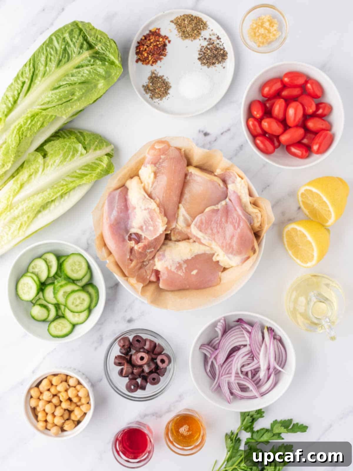 Mediterranean Grilled Chicken & Greens 4 Ingredients needed for grilled mediterranean chicken salad.