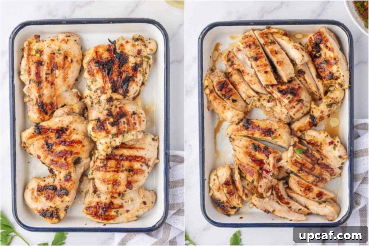 Mediterranean Grilled Chicken & Greens 6 Grilled chicken sliced for serving on salad.