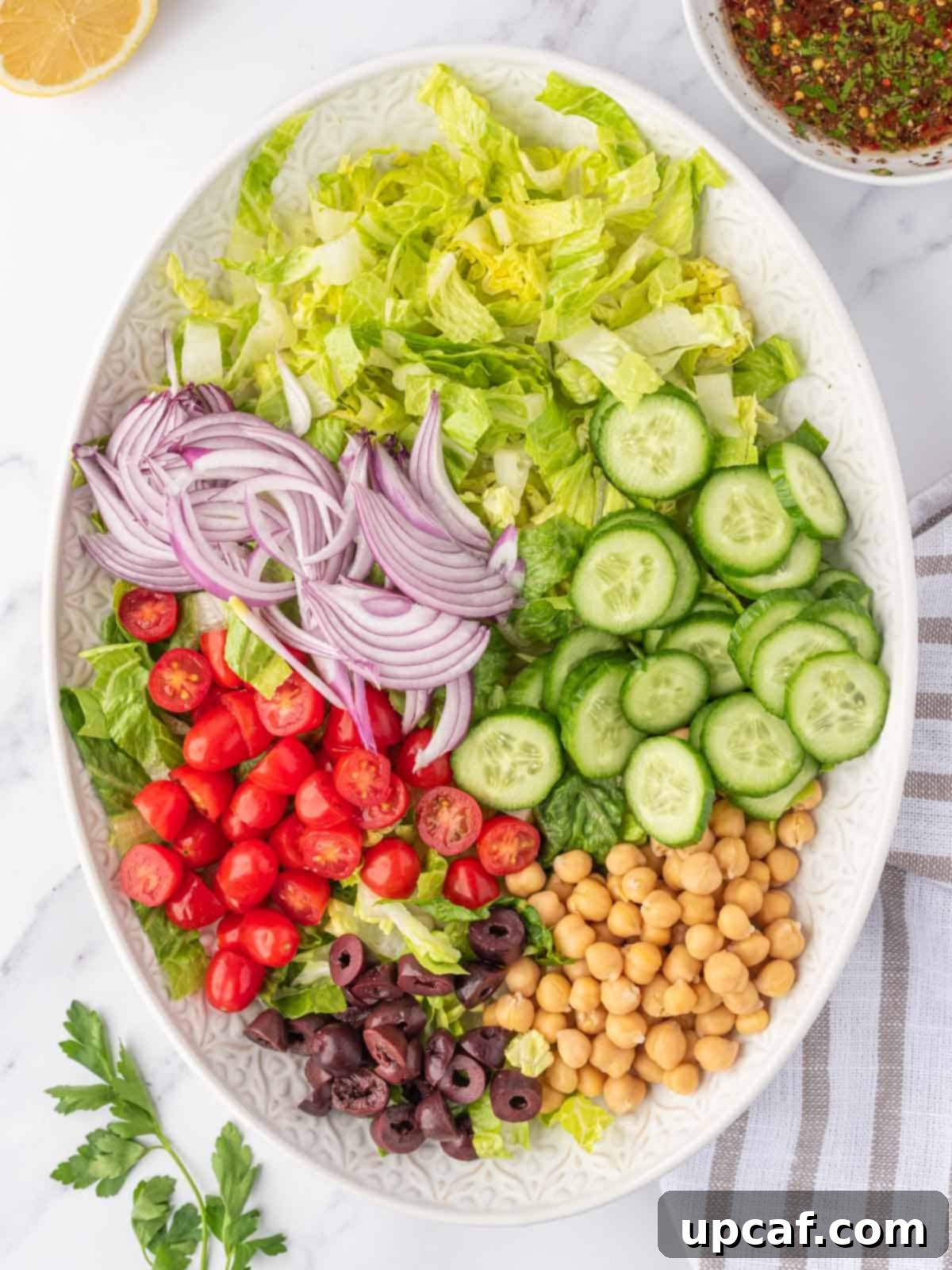 Mediterranean Grilled Chicken & Greens 7 Vegetables for a mediterranean salad.