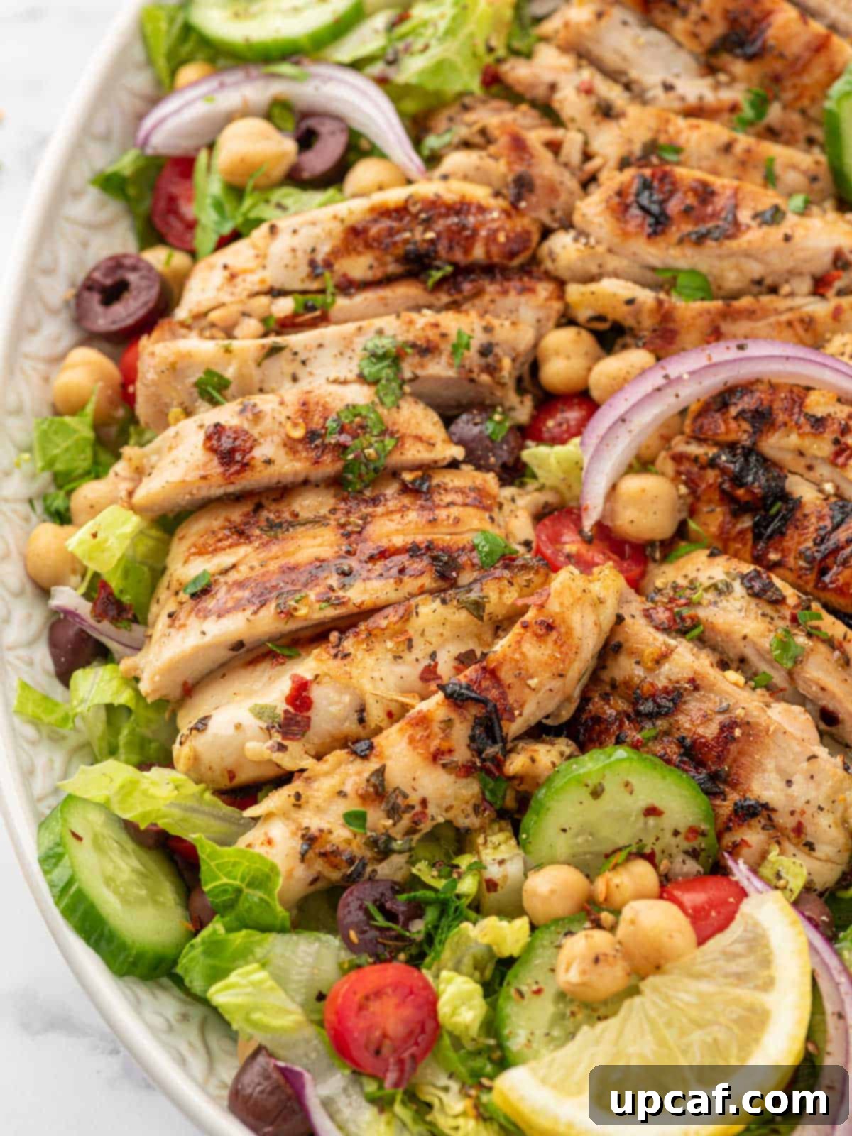 Mediterranean Grilled Chicken & Greens 8 A big platter of mediterranean salad topped with lemon herb chicken.