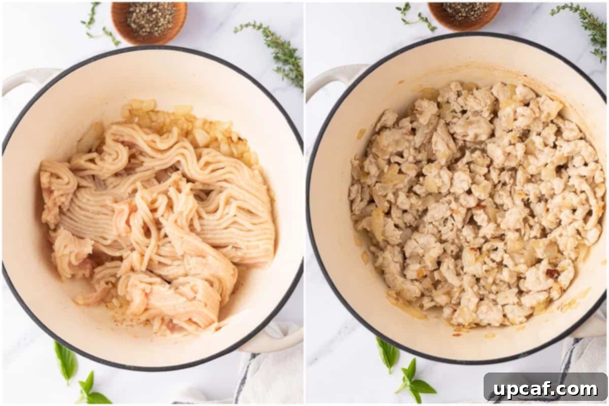 Hearty Chicken Ragu with Spaghetti 4 How to brown ground chicken for bolognese sauce.