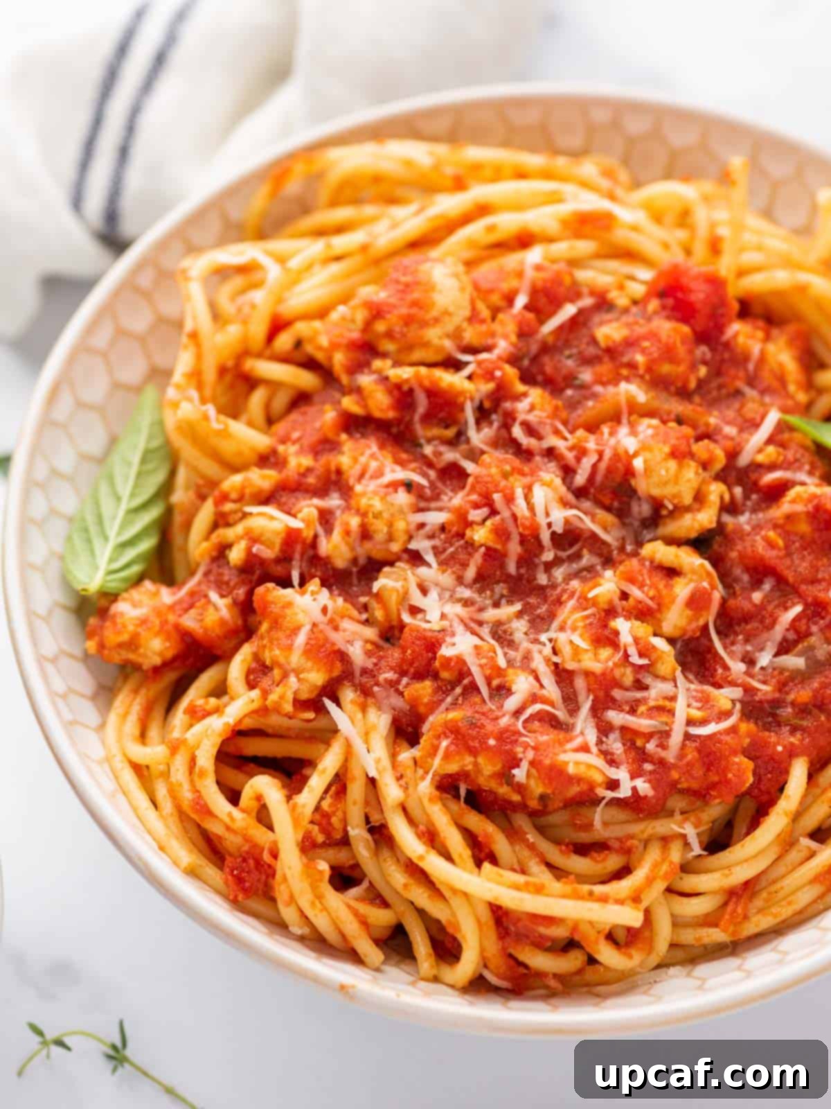 Hearty Chicken Ragu with Spaghetti 9 A bowl of chicken spaghetti bolognese.