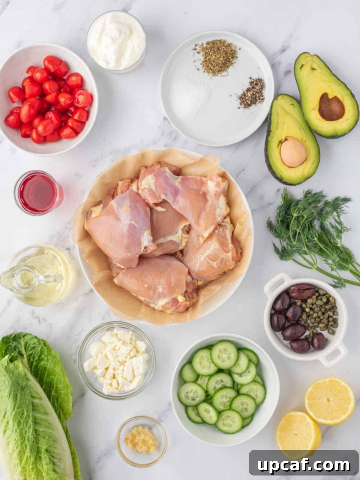 Ingredients needed for Greek chicken salad recipe.
