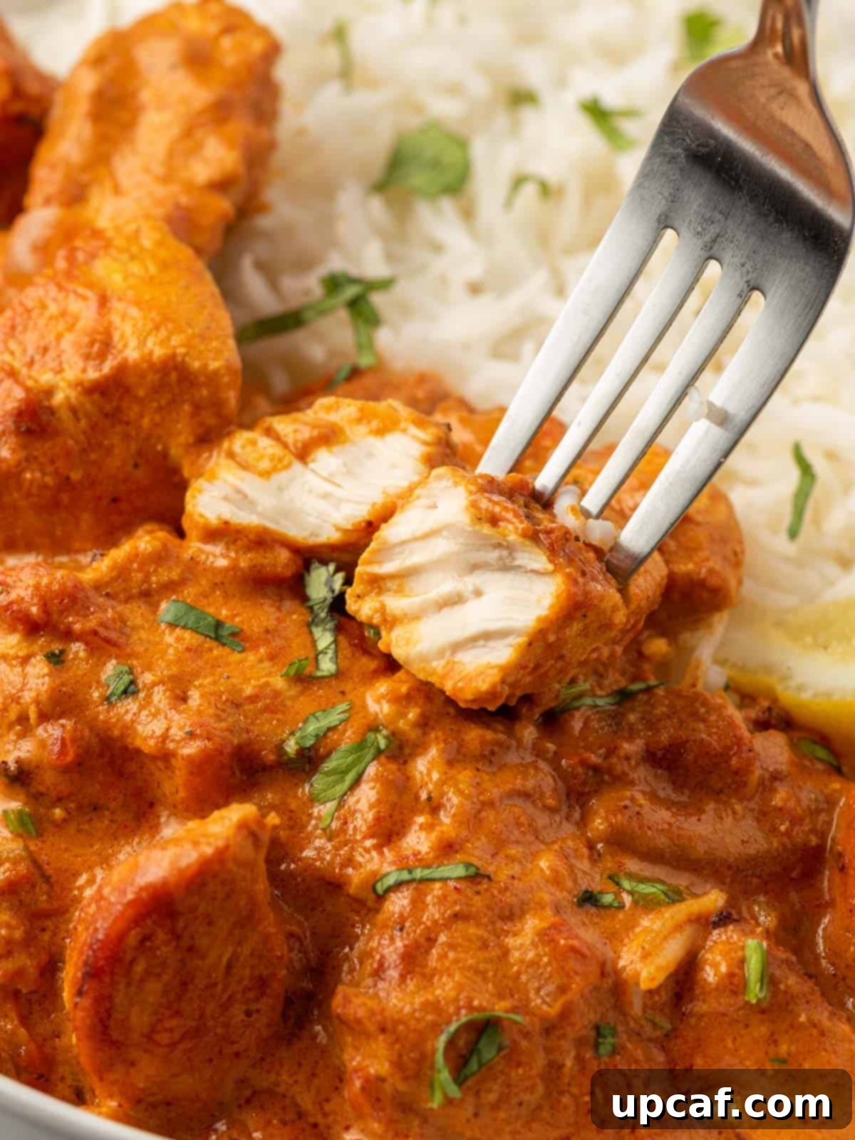 A fork holds a juicy piece of chicken tikka masala marinated chicken.