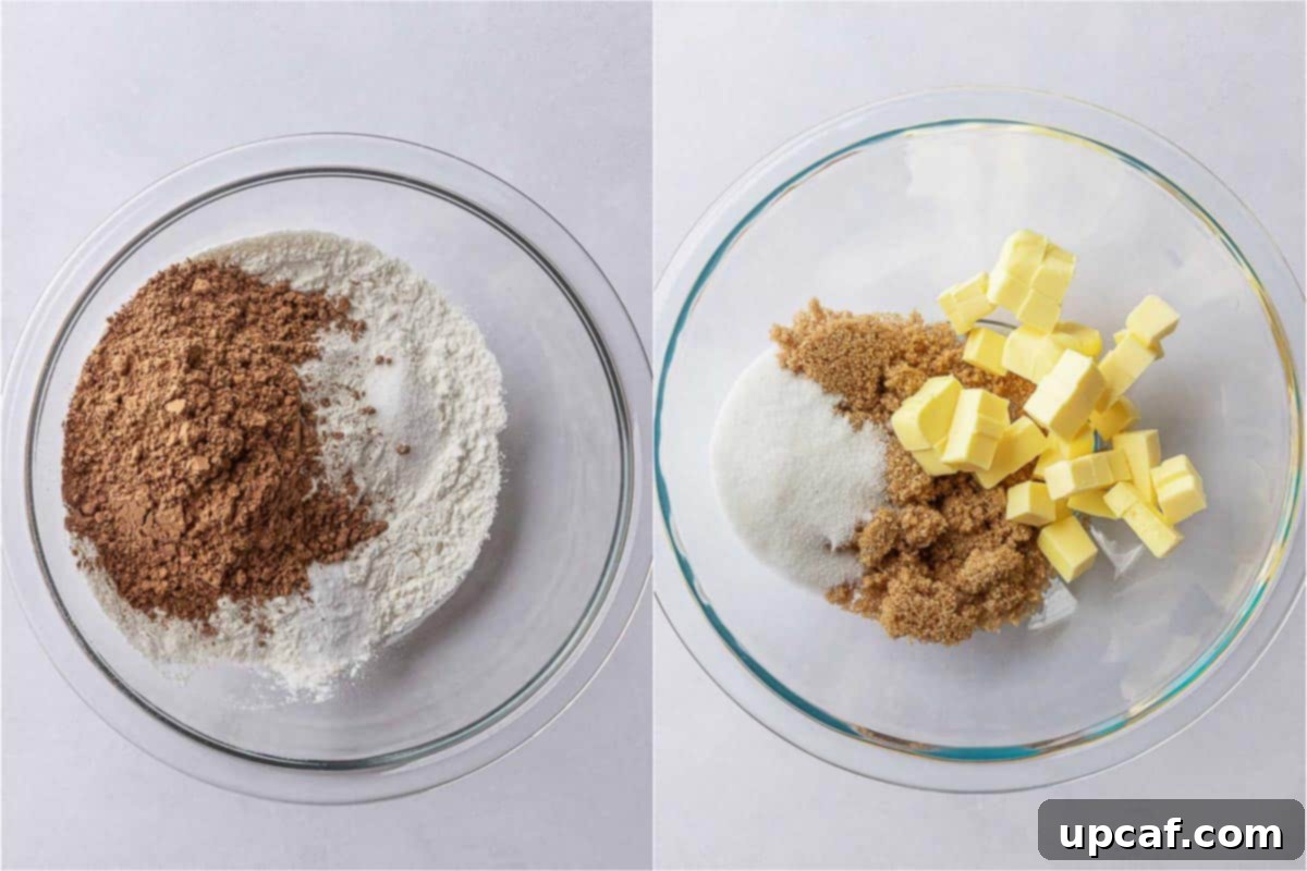 The process of making chocolate vegan cookie dough, showing the dry ingredients being mixed.