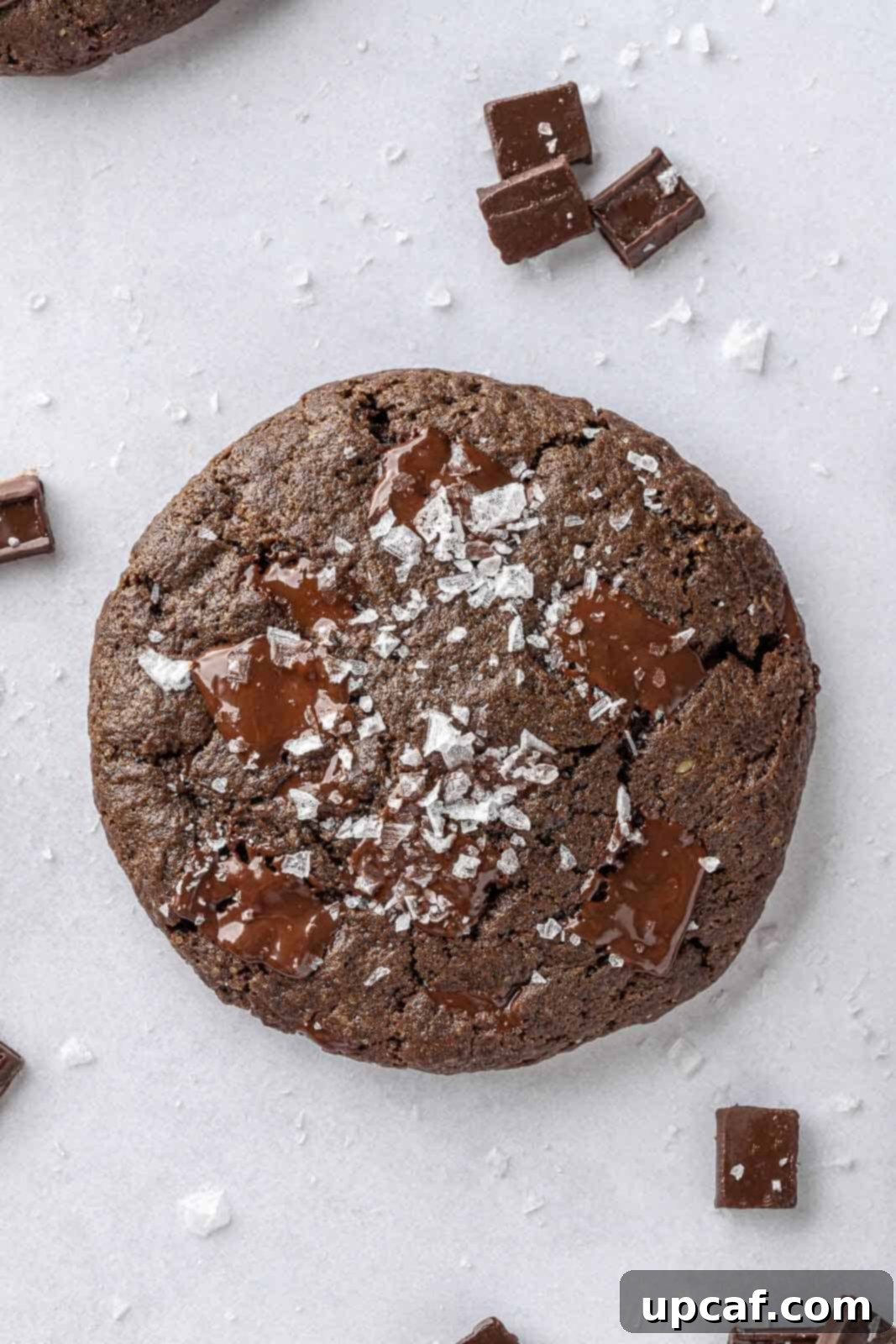 A single, perfectly baked vegan double chocolate cookie placed on a pristine white surface, adorned with visible chocolate chunks and a sprinkle of flaky sea salt, highlighting its irresistible texture.
